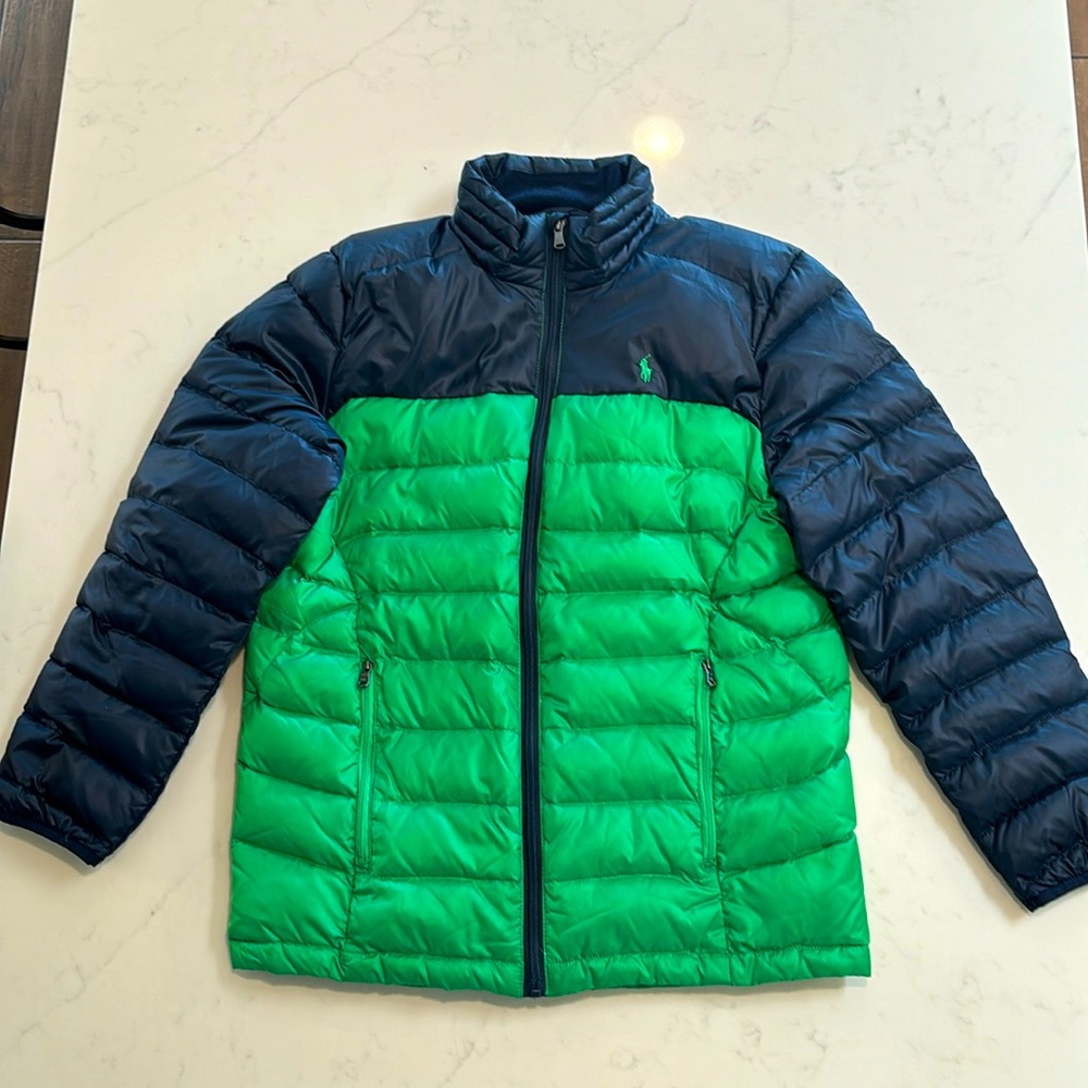 Polo Ralph Lauren Boys Size L 14-16) Green and Navy Down/Feather Puffer Jacket.
